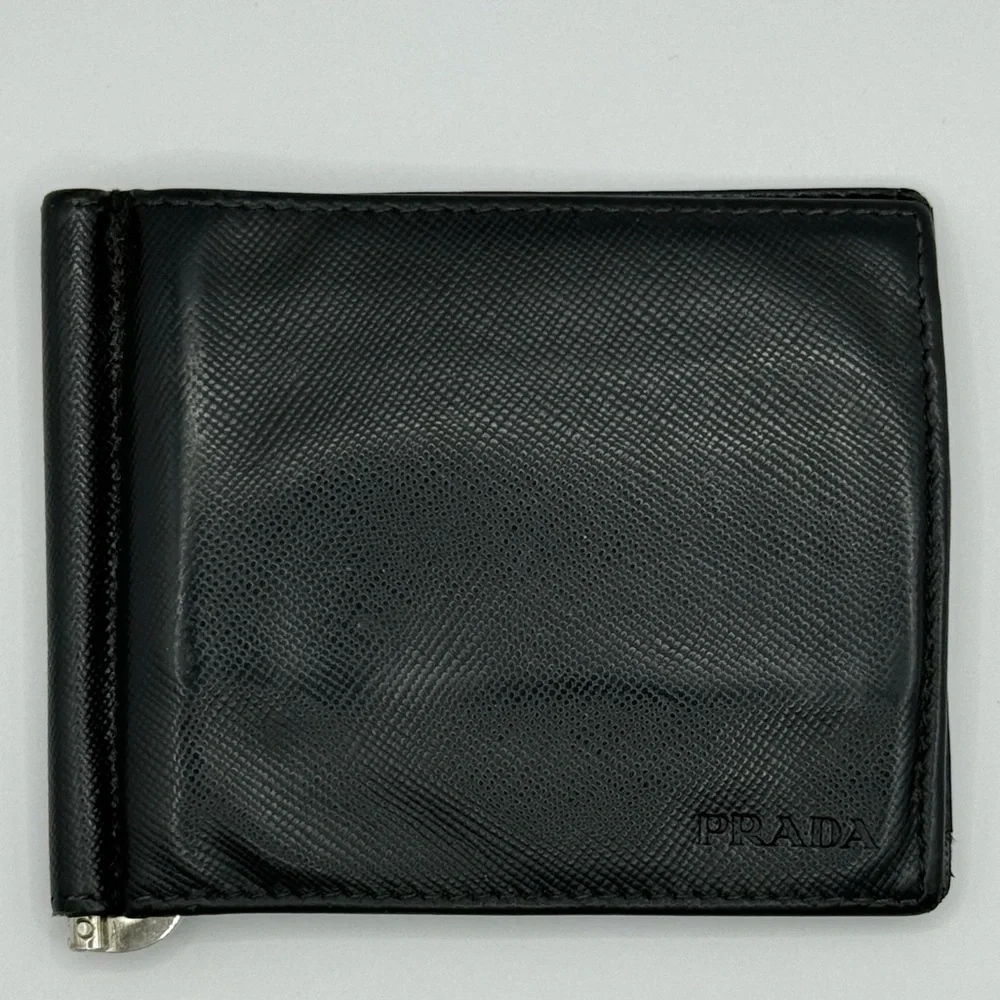 Prada Black Saffiano Leather Money Clip Bifold Wallet - Picture 1 of 3